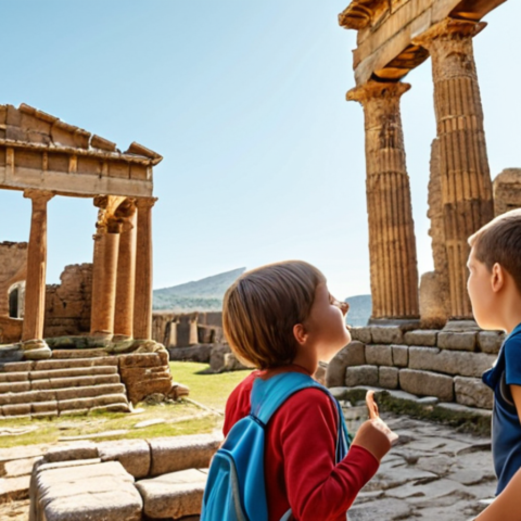 **A family exploring ancient ruins. Children are curious and excited, with historical architecture in the background.** (Focus: Family adventure, historical learning)