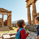 **A family exploring ancient ruins. Children are curious and excited, with historical architecture in the background.** (Focus: Family adventure, historical learning)