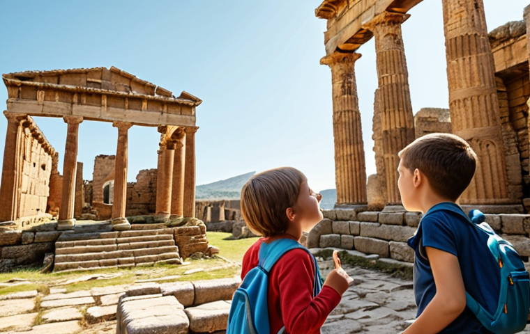 **A family exploring ancient ruins. Children are curious and excited, with historical architecture in the background.** (Focus: Family adventure, historical learning)
