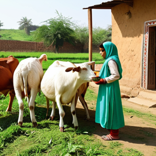 **Prompt:** Children feeding farm animals like cows, goats, chickens, and rabbits on a sunny day at a Pakistani farm.  Include green fields and traditional Pakistani clothing on the children.