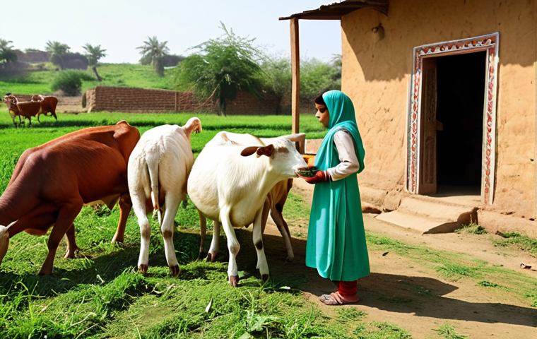 **Prompt:** Children feeding farm animals like cows, goats, chickens, and rabbits on a sunny day at a Pakistani farm. Include green fields and traditional Pakistani clothing on the children.