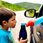 **Prompt:** A curious child, around 8-10 years old, intently observing a plastic water bottle. A small stream of water is flowing from a tiny hole in the cap as they gently squeeze the bottle. An adult (parent) is beside them, explaining the concept of air pressure and gravity. The scene is set inside a car or at a scenic roadside stop during a family road trip, emphasizing hands-on learning during travel. Bright, natural lighting.