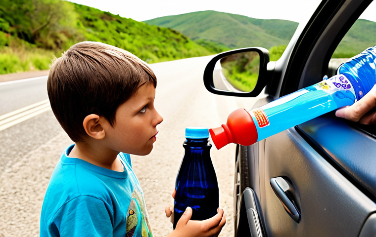 **Prompt:** A curious child, around 8-10 years old, intently observing a plastic water bottle. A small stream of water is flowing from a tiny hole in the cap as they gently squeeze the bottle. An adult (parent) is beside them, explaining the concept of air pressure and gravity. The scene is set inside a car or at a scenic roadside stop during a family road trip, emphasizing hands-on learning during travel. Bright, natural lighting.