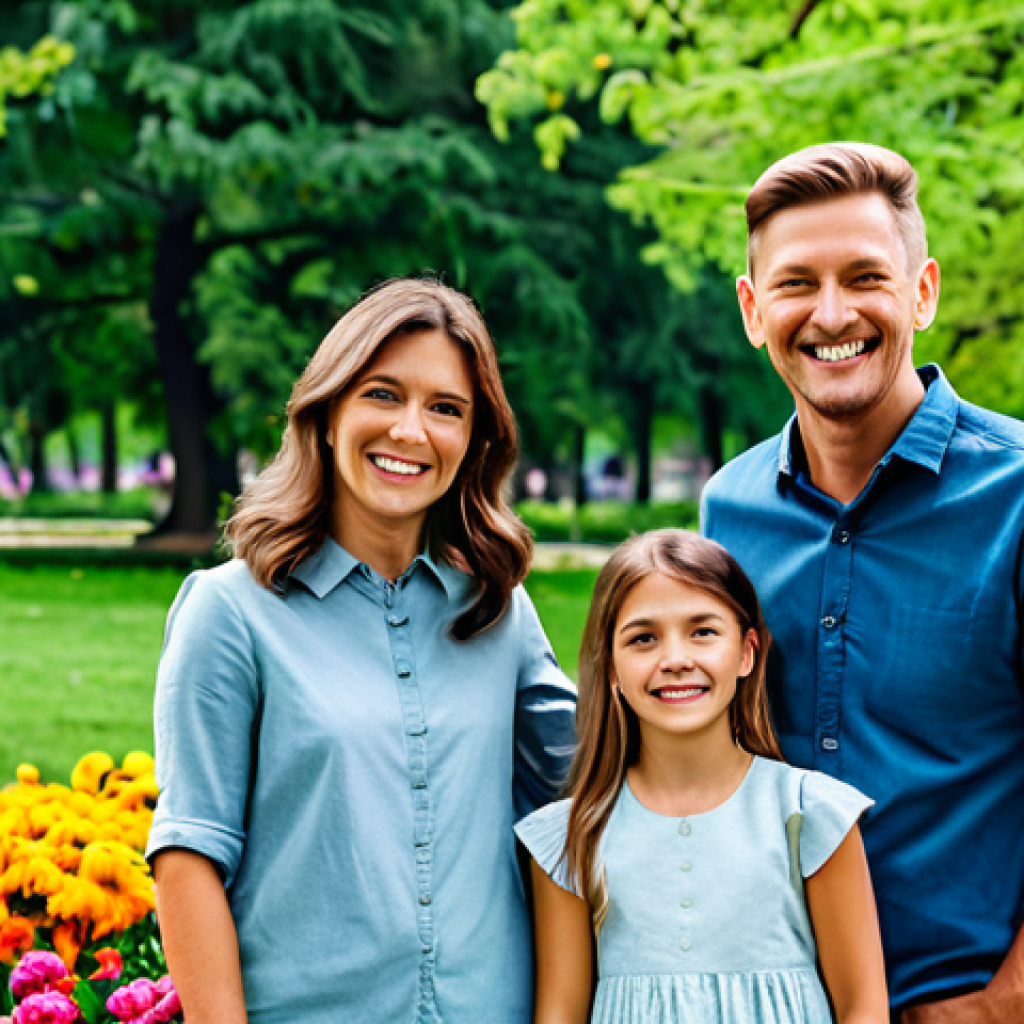**

"A family of four (mother, father, son, daughter) are smiling and taking photos in a beautiful park, surrounded by trees and colorful flowers, all fully clothed in modest, casual attire, safe for work, appropriate content, perfect anatomy, natural pose, well-formed hands, proper finger count, natural body proportions, professional photography, high quality, family-friendly."

**