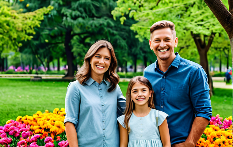 **

"A family of four (mother, father, son, daughter) are smiling and taking photos in a beautiful park, surrounded by trees and colorful flowers, all fully clothed in modest, casual attire, safe for work, appropriate content, perfect anatomy, natural pose, well-formed hands, proper finger count, natural body proportions, professional photography, high quality, family-friendly."

**