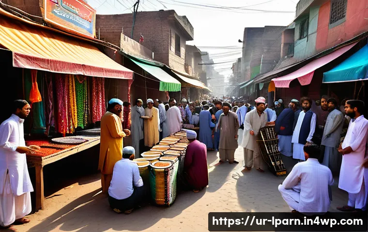 여행 중 실천하는 인성 교육 활동 - A vibrant street scene in a traditional Pakistani market during a local festival, showcasing men and...