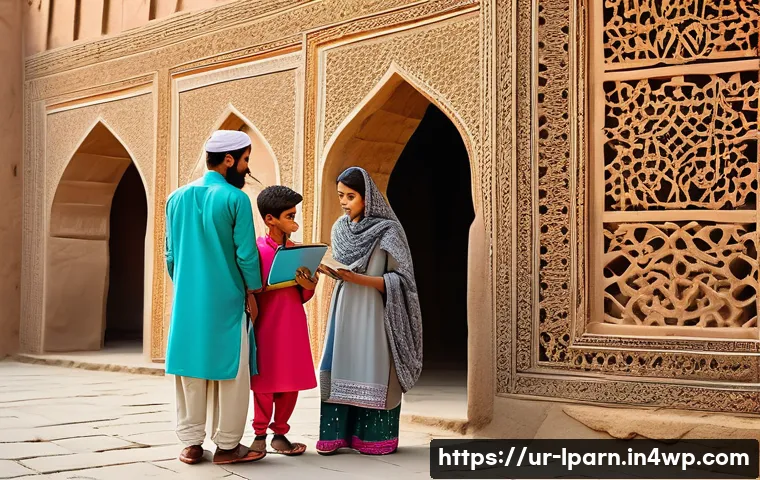 아이들과 함께하는 지역 탐방 여행 - A vibrant scene of a family visiting a historic fort in rural Pakistan during daylight, featuring ch...