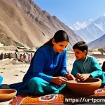 Home 18 가족 여행에서의 지역 사회 이해 - A warm family scene set in the northern areas of Pakistan, showing parents and children wearing trad...