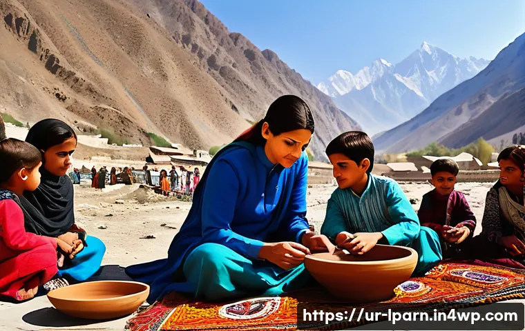 가족 여행에서의 지역 사회 이해 - A warm family scene set in the northern areas of Pakistan, showing parents and children wearing trad...