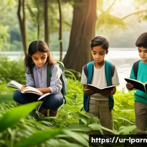 Home 29 아이와 함께하는 여행 중의 체험 학습 - A group of children wearing casual, modest clothes and comfortable shoes exploring a lush green fore...