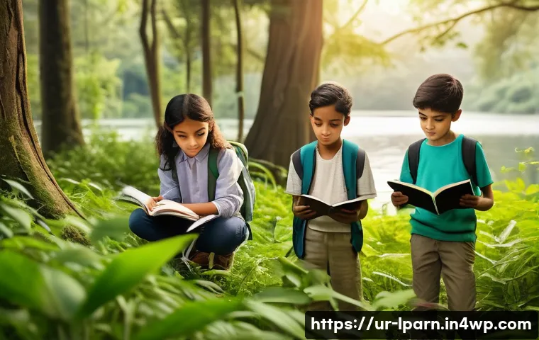 아이와 함께하는 여행 중의 체험 학습 - A group of children wearing casual, modest clothes and comfortable shoes exploring a lush green fore...