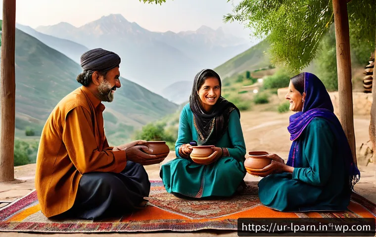 여행 중의 다양한 경험과 배움의 기회 - A warm, inviting rural Pakistani family scene in the northern mountains, featuring a modest village ...