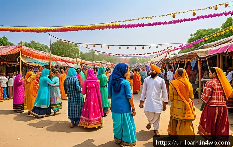 여행을 통한 인식 개선 기회 - A vibrant scene at a traditional South Asian village festival during daytime, featuring diverse loca...