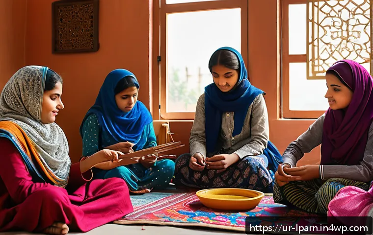 가족과 함께하는 예술 교육 여행 - A vibrant creative workshop scene in a traditional Pakistani home setting, featuring children and ad...