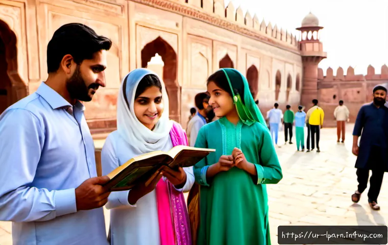 Home 16 가족 여행에서의 문학 교육 기회 - Photorealistic Pakistani family on an educational heritage trip at Lahore Fort, grandparents and par...