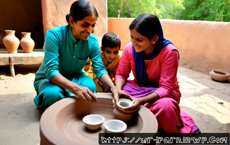 Home 17 가족 여행과 관련된 체험 활동 아이디어 - Photorealistic multigenerational Pakistani family enjoying a hands-on pottery workshop during a cult...