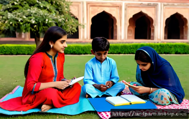 Home 16 가족 여행 중 예술 교육 방법 - Photorealistic family travel art lesson at a historic Mughal-style garden in Lahore, Pakistani paren...